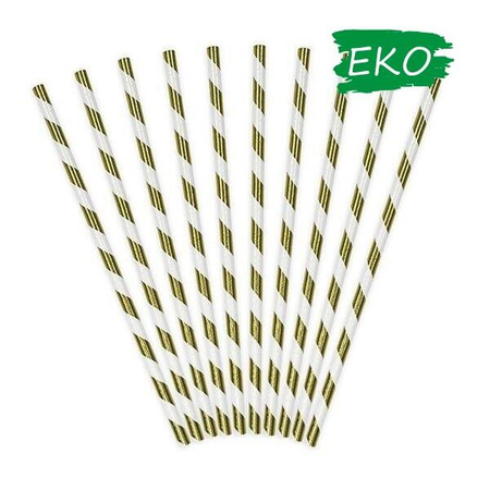 Słomki papierowe 19,5cm 10 szt. złoto-białe paski